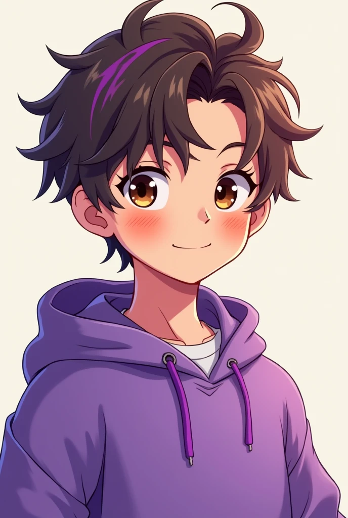 Light skin anime boy, Brown eyes, short messy brown and purple hair, with a purple sweatshirt