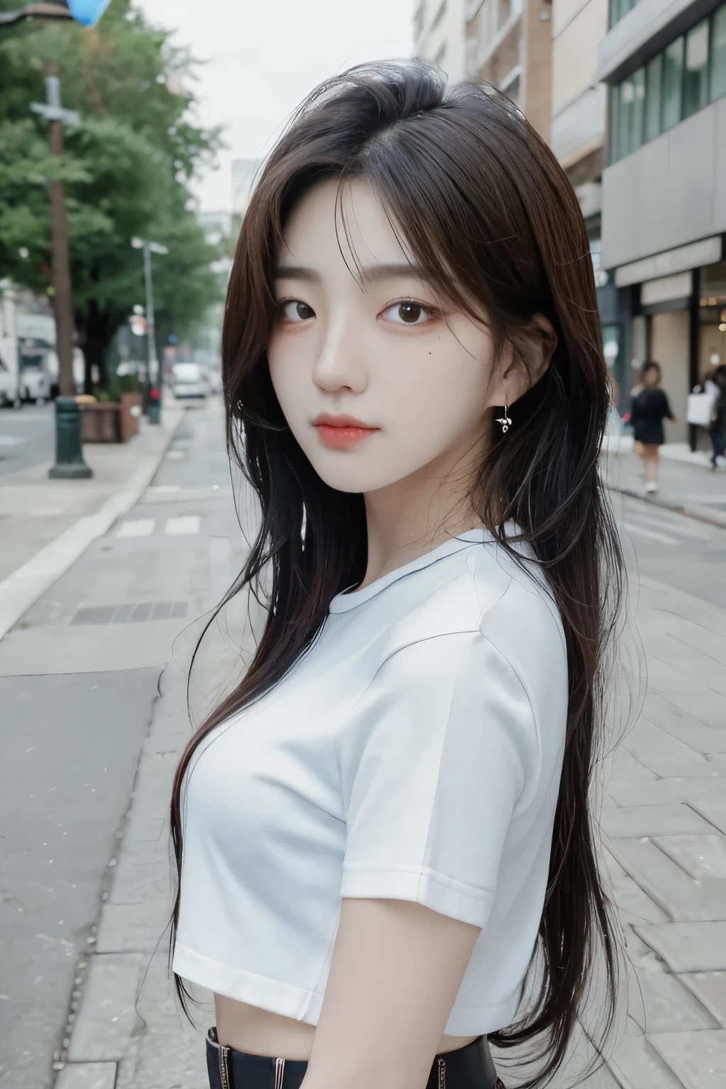 ((top-quality、8k、masterpies:1.3、in the street background、OL、k-pop outfit))、1girl in、Slim Beauty:1.3、Super Detail Face、Delicat eyes、double eyelid、facial expression of smile、full body Esbian、Brown hair、Suntan-Skin、20yr old、black hair、erotick、 Look、stare, Sohyun, Korean girl, sweet girl, elegant poses
