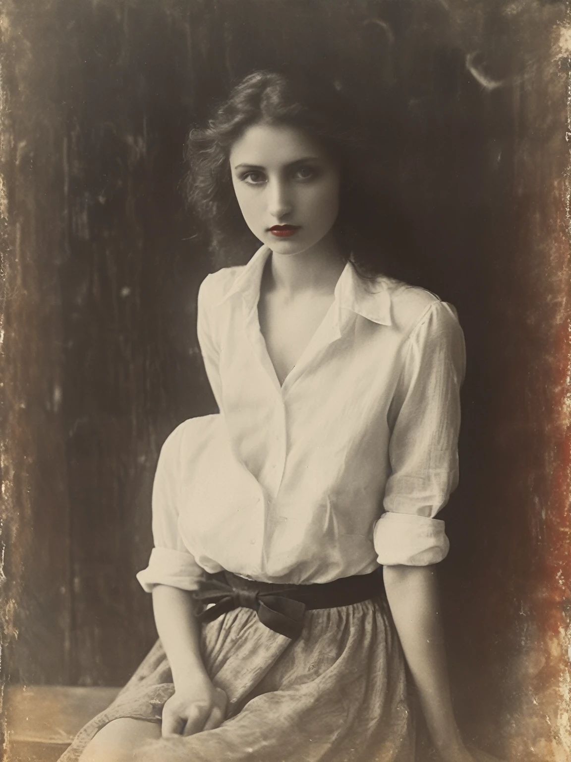 35mm Vintage photo of, waist and torso portrait , portrait of a young, nerdy woman sitting in a theater, wearing a almost transparent white shirt and a bow, you can see her bra throw the shirt, cleavage, plated short skirt, beautiful legs, (crossed legs), very femenine, a cozy atmosphere, red lips, highly professional, dramatic lighting, dynamic pose,
Julia Margaret Cameron photo ,