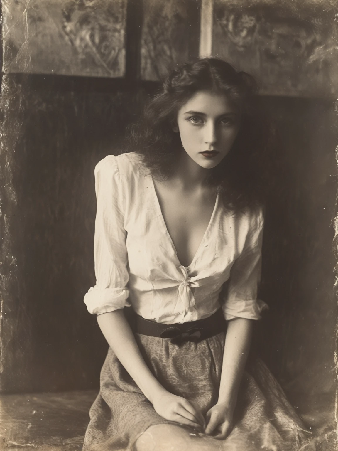 35mm Vintage photo of, waist and torso portrait , portrait of a young, nerdy woman sitting in a theater, wearing a almost transparent white shirt and a bow, you can see her bra throw the shirt, cleavage, plated short skirt, beautiful legs, (crossed legs), very femenine, a cozy atmosphere, red lips, highly professional, dramatic lighting, dynamic pose,
Julia Margaret Cameron photo ,