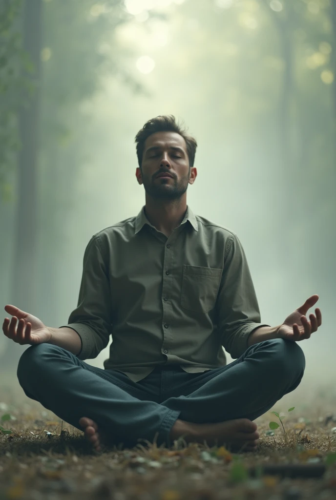 The man is seated with his legs apart and arms resting on his knees. (The image must be thePoint of view from the man himself)