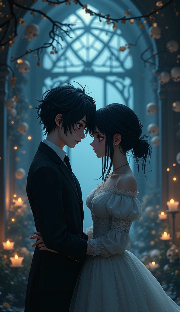 (Straight anime couple: 1.5, Dark style, beautiful eyes, Small pieces, Fluffy black fur), (Gothicdark, Victorian, Gothic, Steampunk style), dark, ambiente oscuro con decoraciones de calaveras 32K, fairy tale: 1.4, Camera cut: 1.4, ((An atmosphere of dreams, Soft light and magic:1.3)), ((Scenes of imagination)),((perfect, thoroughly.:1.3)), ((full shot: 1.4)), ((best quality)) , ((Masterpiece)), 3d, (There are too many details..: 1.3), ((Grand landscape: 1.3)), ((พื้นหลังat night: 1.3 ))), (((at night:1.2))), (realistic: 1,4), ((front camera)),( (แสงภาพยนตร์at nightที่มีแสงน้อย: 1,2)). 32K.
