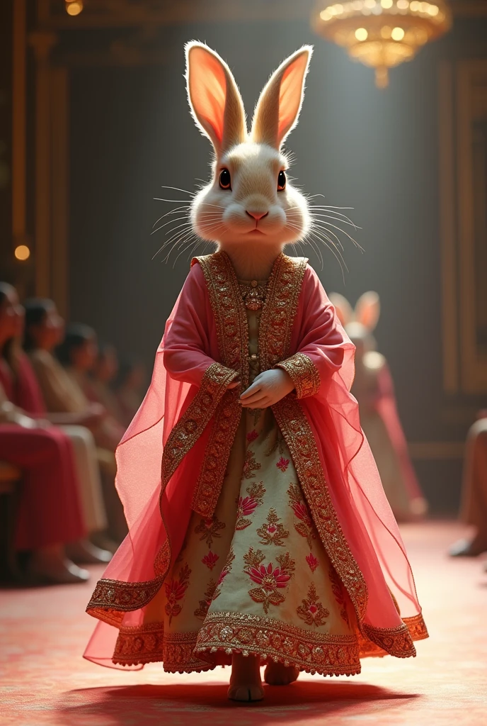 A beautiful rabbit wearing indian sharara cloth walking down the runaway at a fashion show