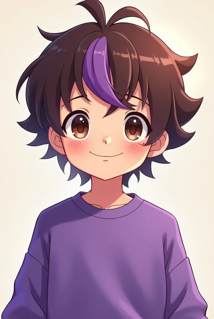Light skin anime boy, Brown eyes, short messy brown and purple hair, with a purple sweatshirt