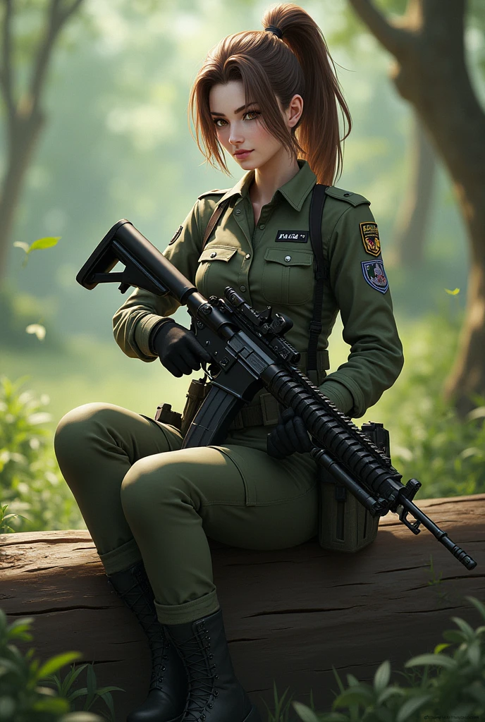 (ponytail forehead hair pulled back:1.3), woman in uniform holding a rifle sitting on a log, from girls frontline, fine details. girls frontline, anya from spy x family, girls frontline universe, makoto shinka, girls frontline style, girls frontline, girls frontline cg, yayoi kasuma,