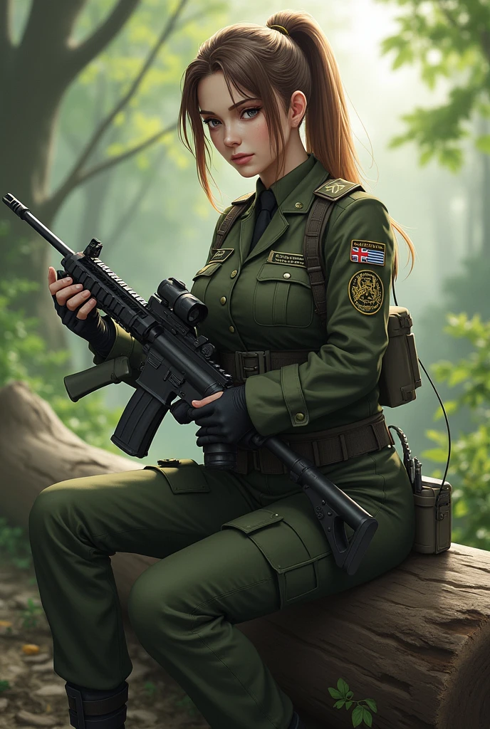 (ponytail forehead hair pulled back:1.3), woman in uniform holding a rifle sitting on a log, from girls frontline, fine details. girls frontline, anya from spy x family, girls frontline universe, makoto shinka, girls frontline style, girls frontline, girls frontline cg, yayoi kasuma,