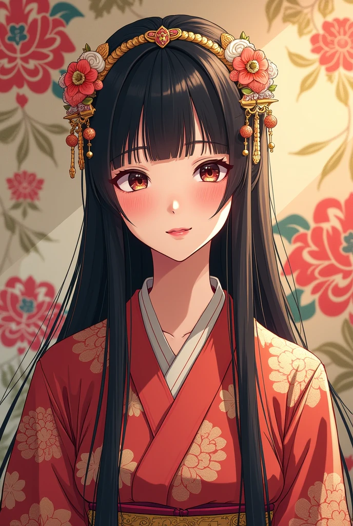 (Flat Color:1.1),(masterpiece:1.2), Highest quality, masterpiece, original,Black and long straight hair,Mature Woman, Highly detailed wallpaper, View your viewers,One person,alone,Wearing a headpiece,A look of embarrassed laughter, Traditional Japanese Kimono, elegant