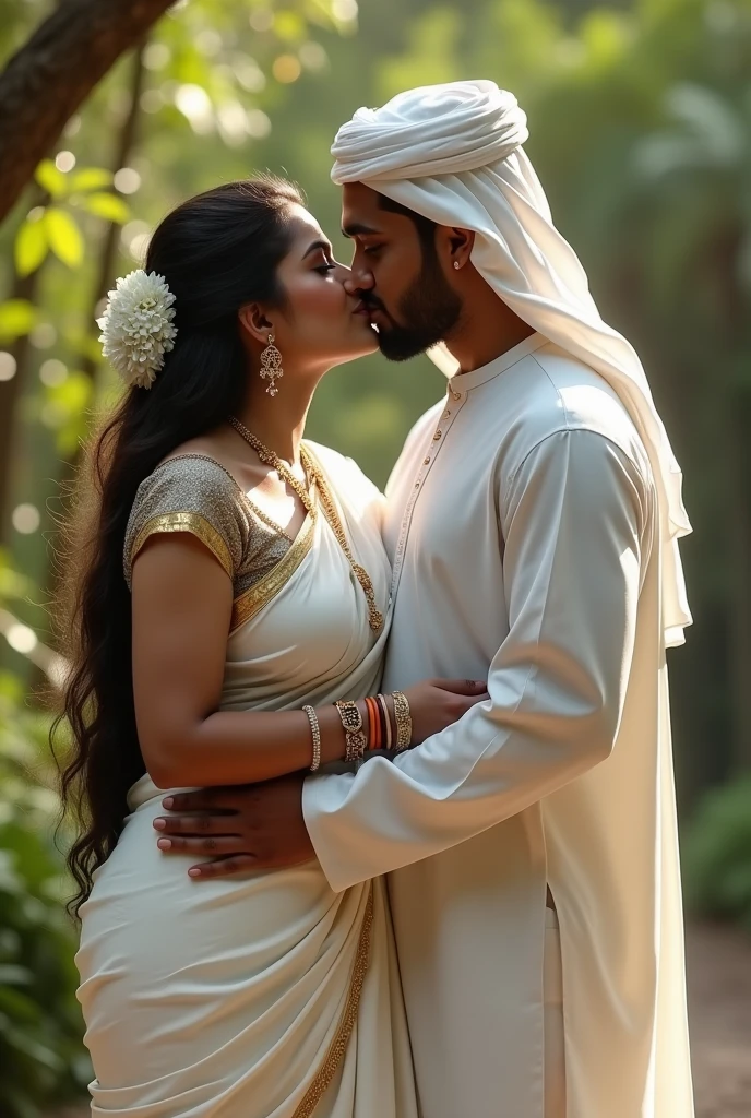 a beautiful and chubby 30 year old hindu mom from Kerala wearing white saree, decorated with bindi and jewelry, lip locking with a tall traditionally dressed Arab muslim man