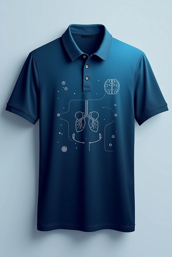 Create a mockup organization color gradient dark blue polo shirt and design it with some elements relating to science, example is human organs. The design should be just drawn in minimalist and ink color of design should be dark color of blue. And the both side of shirt should be blue gradient color. show the front and back of shirt