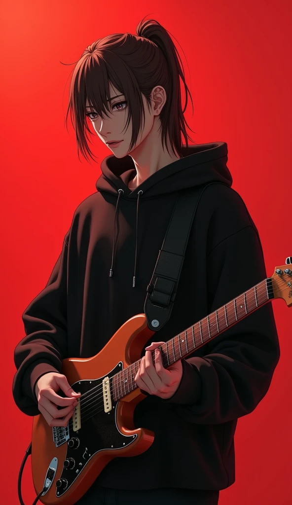 1 Japanese male teenager with long brown hair tied back and wearing a black hoodie playing guitar,HD,4k,realistic,afternoon,Full Body Angle, Red background, face looking at the camera with a flat expression and a cold gaze and head pose slightly tilted upwards