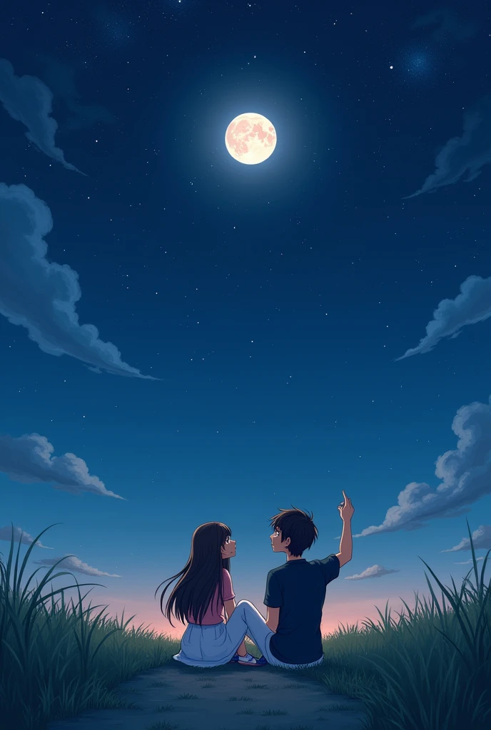 A girl and a boy sit together on a field path.It is night the moon shines and illuminates the path on which the two are sitting. She is thin and beautiful and has brown eyes and black hair.the boy is also beautiful and has dark hair and dark eyes.The boy shows her the stars and talks to her.she looks at him from the side and seems in love.She wears a white skirt,blue shoes and a pink top.He wears white shoes ,white pants and a black shirt.harmonie