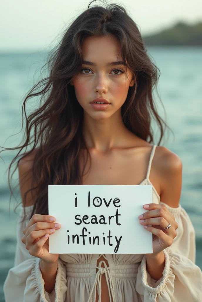 Beautiful girl with wavy long hair, bohemian dress, holding a white board with text "I Love Seaart Infinity" and showing it to the viewer