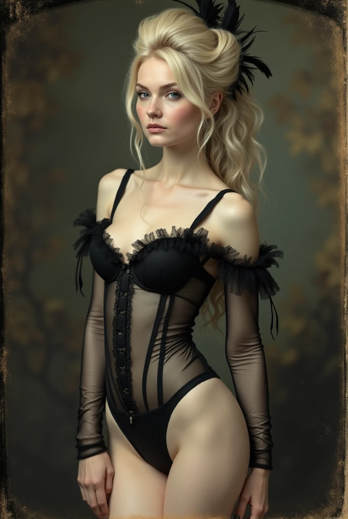 A long shot of a blond woman, with an onion-like face with white skin and light blushes, long ondulating hair in a sophisticated structured asymmetrical updo with feathers, fit, (busty, big tits, DD cup breast:1.4) with tiny waist, transparent plastic corset with ruffles, black lace thong, long legs open, arching back, high heels, Victorian era, Victorian style photography, anthotype print