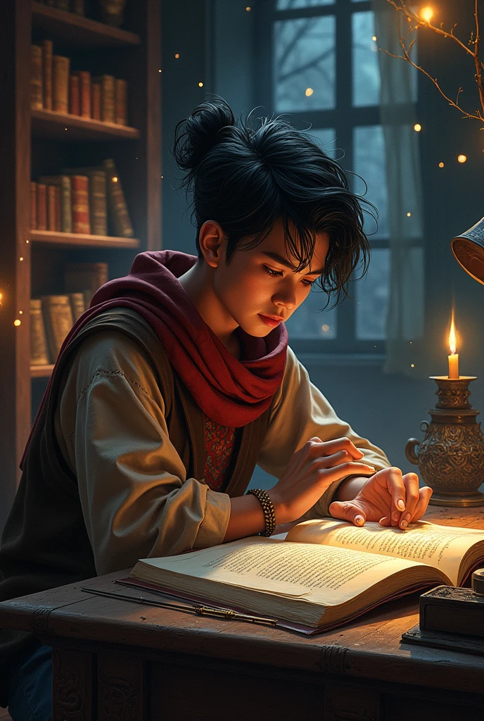 A young Filipino wizard researching spells in his room and practicing magic