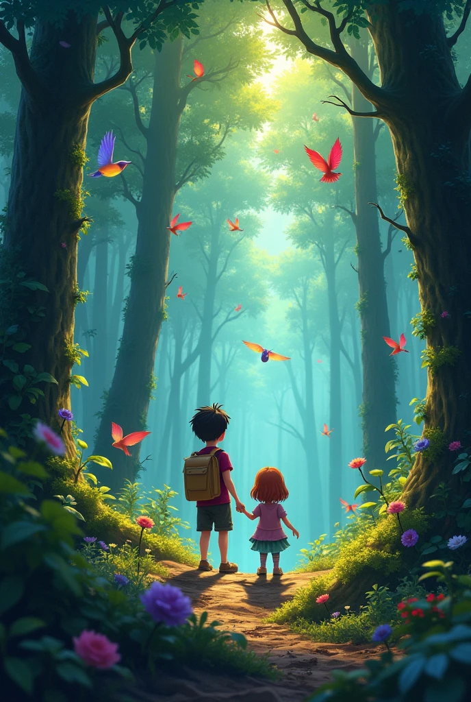 When the light faded, Lila and Max found themselves in a lush, vibrant forest, unlike anything they had ever seen. The trees were tall and covered in shimmering leaves that glowed in the sunlight. Strange and colorful birds fluttered around, singing melodic tunes.
