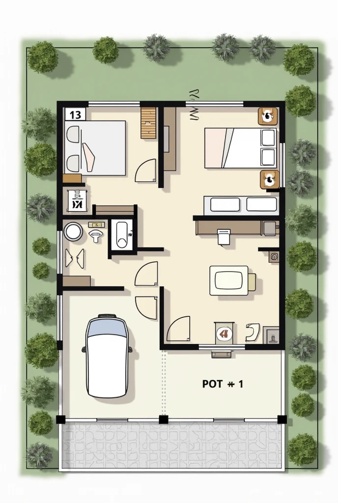 floor plan for a house with an area of ​​120 meters has 1 bedroom 1 bathroom 1 prayer room 1 dressing room 1 staircase 1 garage 1 front garden 1 back garden 1 minimalist terrace