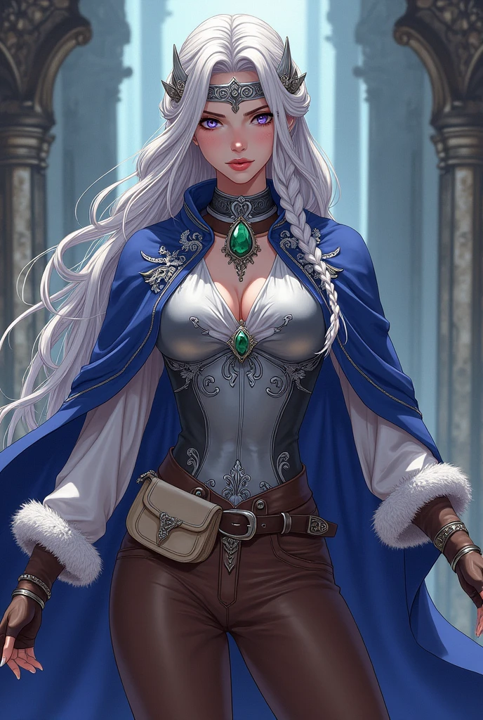 Lavender eyes. Magician People Woman, with long braided white hair.  Blue cape decorated with silver embroidery. White blouse, silver breastplate and brown trousers as well as fur-trimmed boots. Silver collar with emerald and silver headband with emerald Brown belt with cream colored bag Manga style