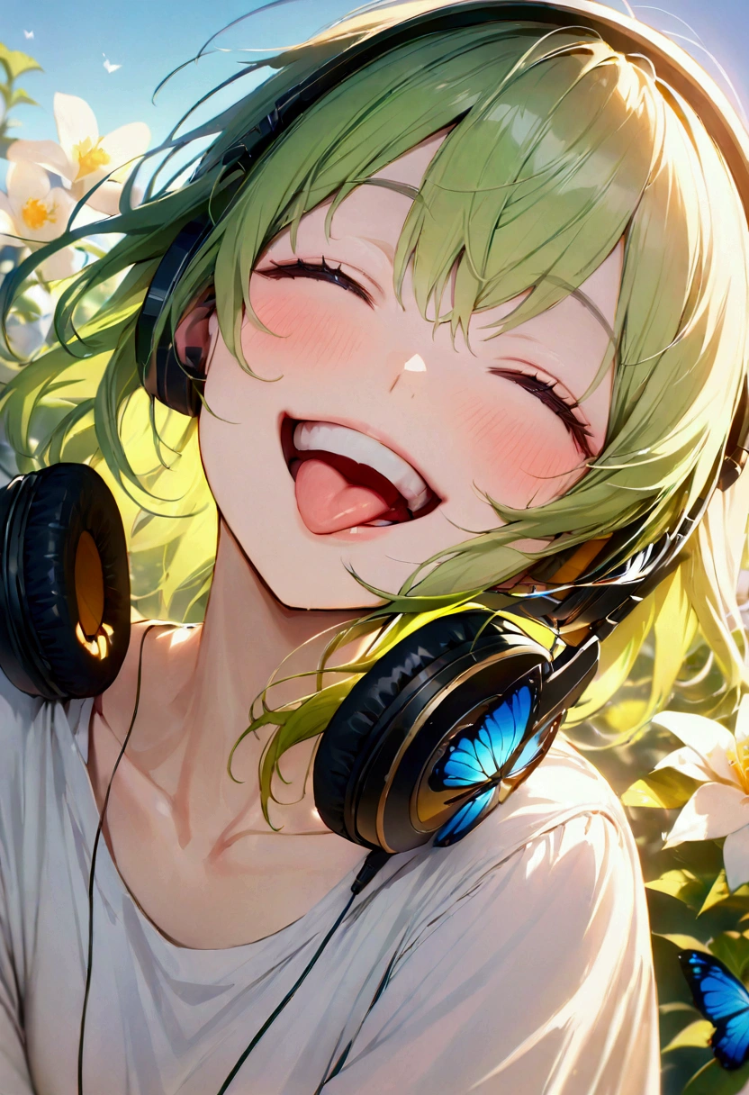 Yellow-green hair color,woman,Flower,butterfly, Cinema Lighting, (masterpiece:1.2), 最high quality, high quality, High resolution, (Super detailed), Detailed Background, One person,headphone,smile,Light background,blue sky,Have fun and laugh,Close your eyes,Sticking out tongue