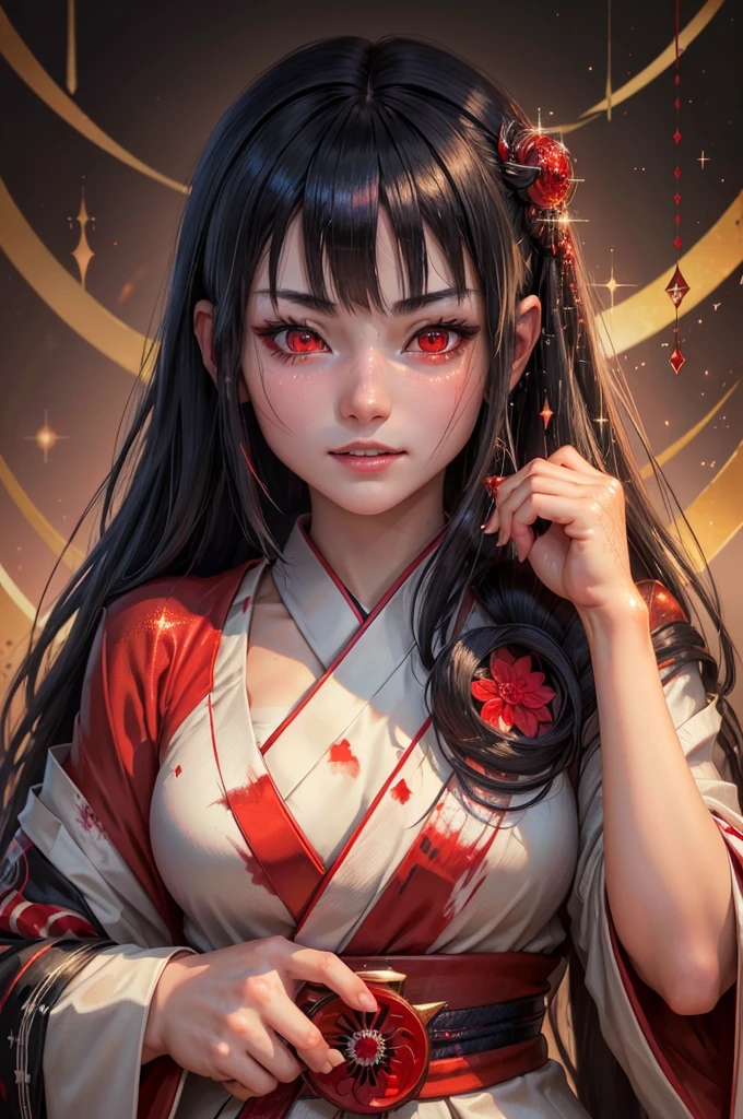 A masterpiece of the highest quality, AkagiV5, 1 girl, One, black hair, japanese clothing, kimono, long hair, I look at the viewer, ((Red eyes)), smile, sparkling eyes, hands on your own face, blood on the face, ((blood swirl)), (yandere:1.4), (sparkling eyes:1.4), Crazy eyes