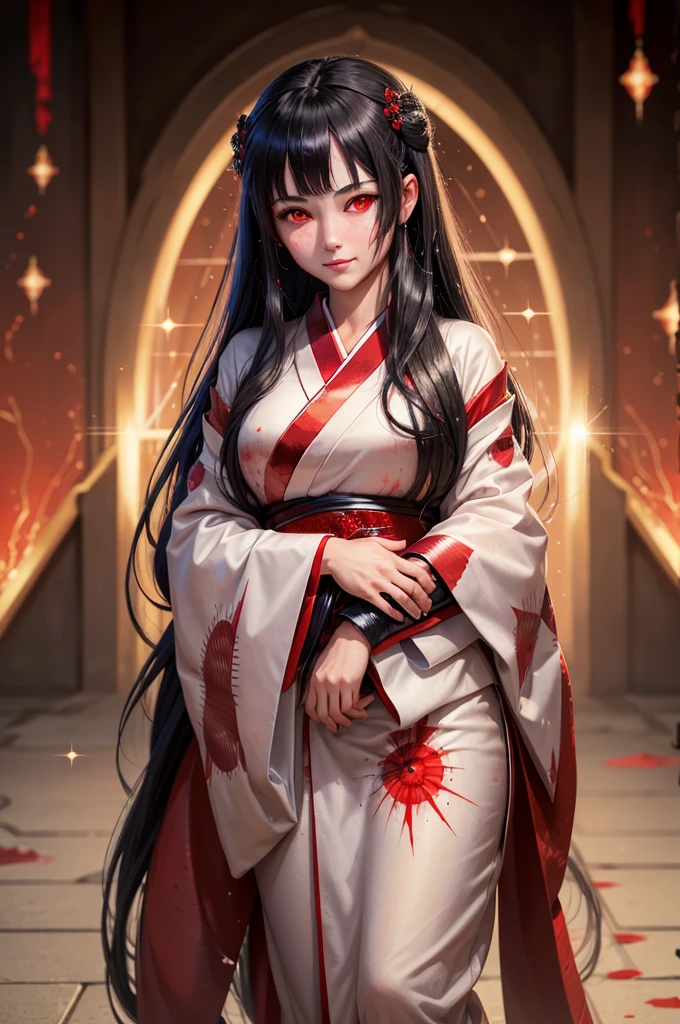 A masterpiece of the highest quality, AkagiV5, 1 girl, One, black hair, japanese clothing, kimono, long hair, I look at the viewer, ((Red eyes)), smile, sparkling eyes, ((hands on your own face)), blood on the face, ((blood swirl)), (yandere:1.4), (sparkling eyes:1.4), Crazy eyes