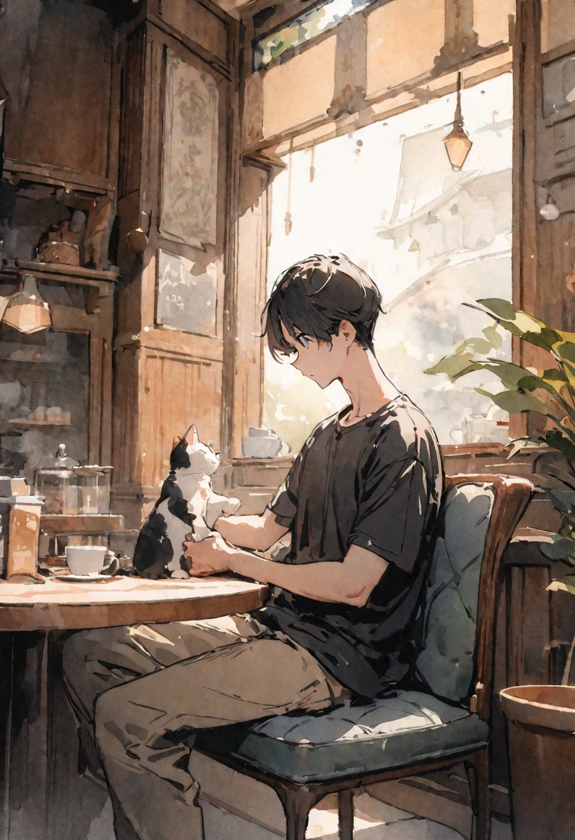 masterpiece,最high quality,Very detailed,High resolution backgrounds,8k,there is nothing,high quality,break,japanese manga style, sketch, Watercolor Colors,Cafe with a nice atmosphere,antique interior,Stylish interior,Boy sits,1 person,A simple black t-shirt,Playing with a kitten,slowly,relax,coffee,
