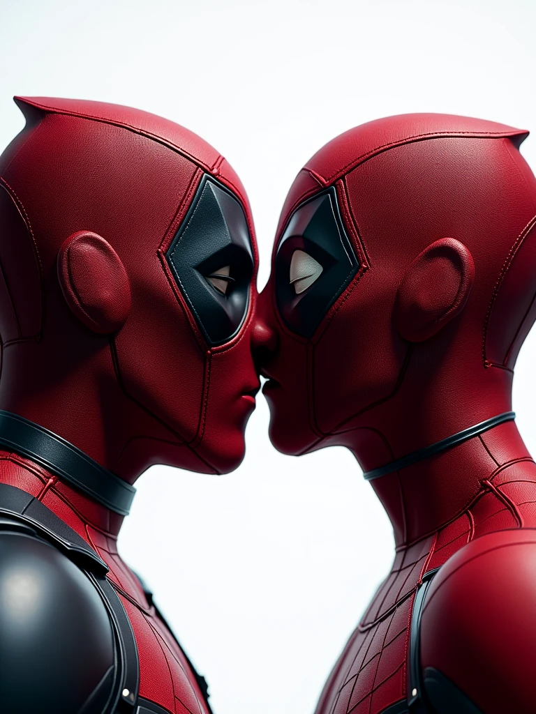 close up scene of Deadpool Kissing Spider-Man with their masks on. Very detailed. Strong white studio Lighting from the background