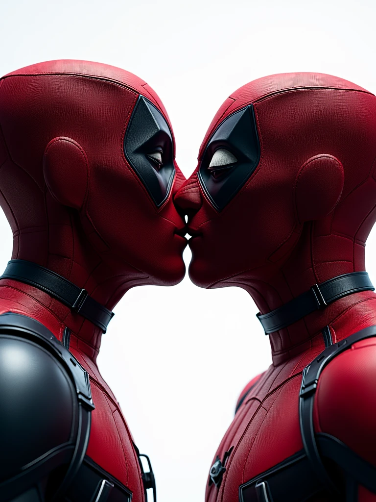 close up scene of Deadpool Kissing Spider-Man with their masks on. Very detailed. Strong white studio  Lighting from the background