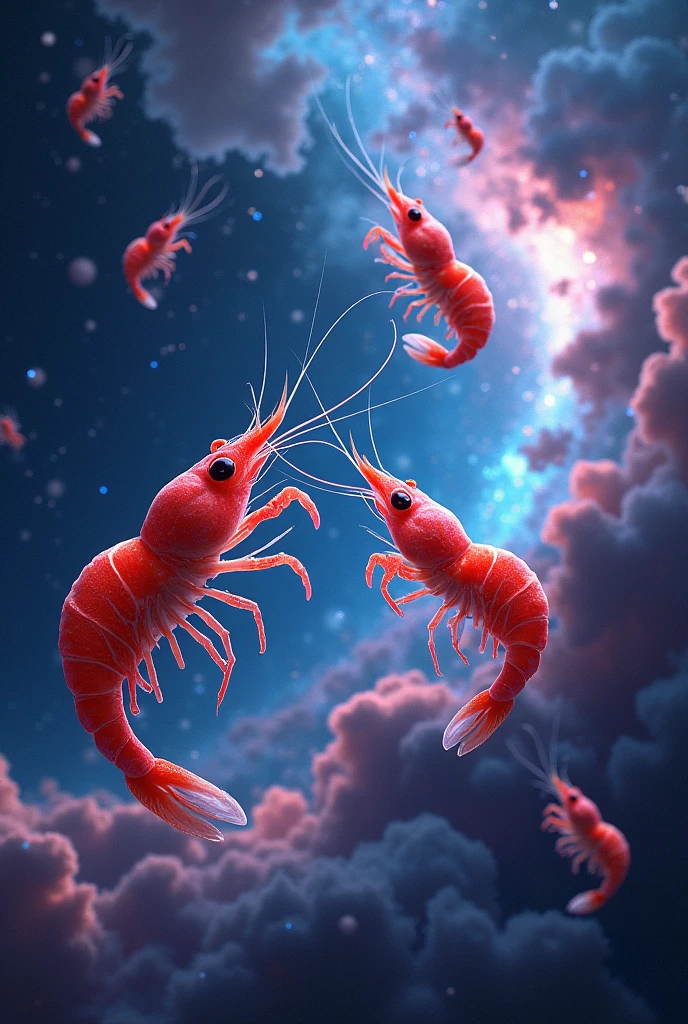 Red shrimp neocaridina in galaxy, milky way
