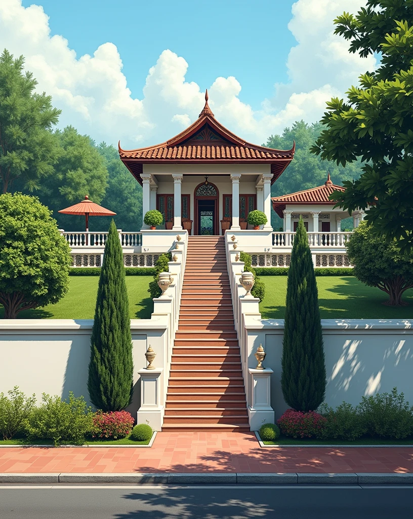 head of'artwork, 4k pixels, high quality, best quality, Authentique, Great detail, En plein air, villa de plain-piedXL, groupe aiai ,stairs, white wall ,road,pavement, grass, trees, sky, nuvens, (day light:1.1) poolside, Increase the clarity of the'image, Classic style, maison de style indochine sur rue