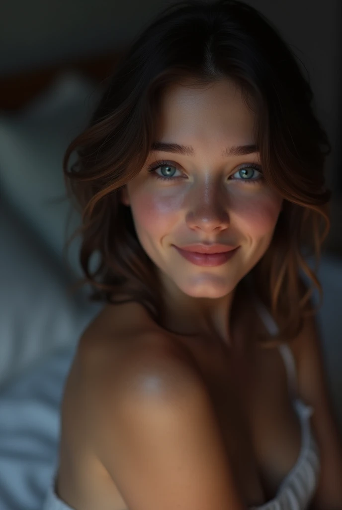 Cute eighteen year old, brunette, young, eye contact, nighttime, smiling, smile, young girl, thin legs, skinny, eighteen, sweet, closed mouth, mouth closed, slim, tiny body, 18, blonde, bright blue eyes, photo real, photorealistic, naked, nude, topless, soft nipples, night, nighttime, bedroom