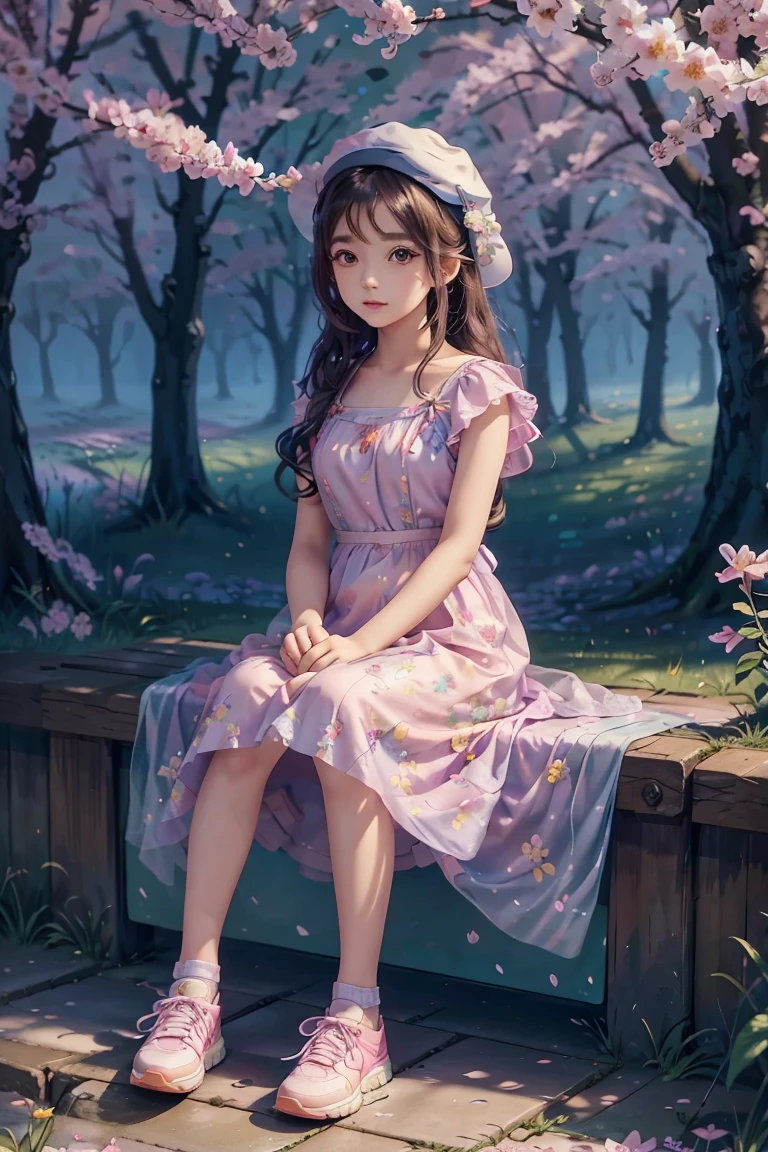 an animated character sitting near the sakura tree with a cat. warming tone pastel color cute classy clothing ,flowers dress pattern , hat, sneakers shoes, wise colorful eyes, The background is fantsy sky, flowers, shining star.