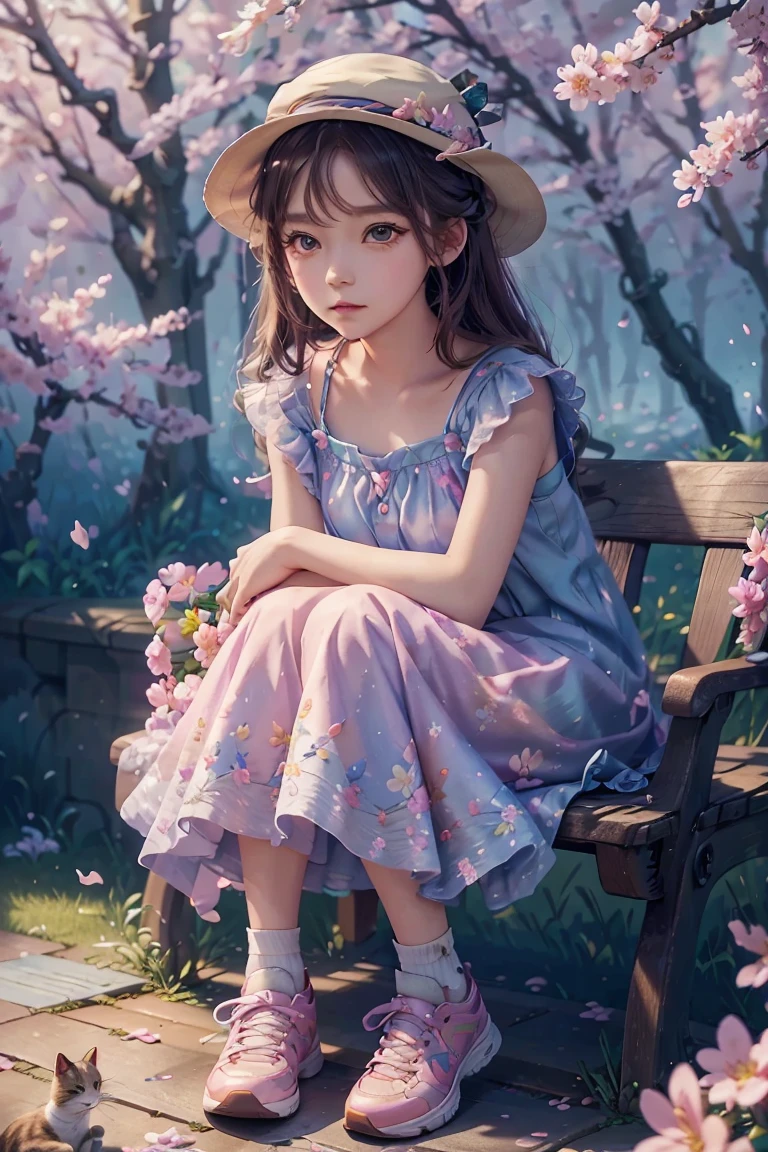 an animated character sitting near the sakura tree with a cat. warming tone pastel color cute classy clothing ,flowers dress pattern , hat, sneakers shoes, wise colorful eyes, The background is fantsy sky, flowers, shining star.