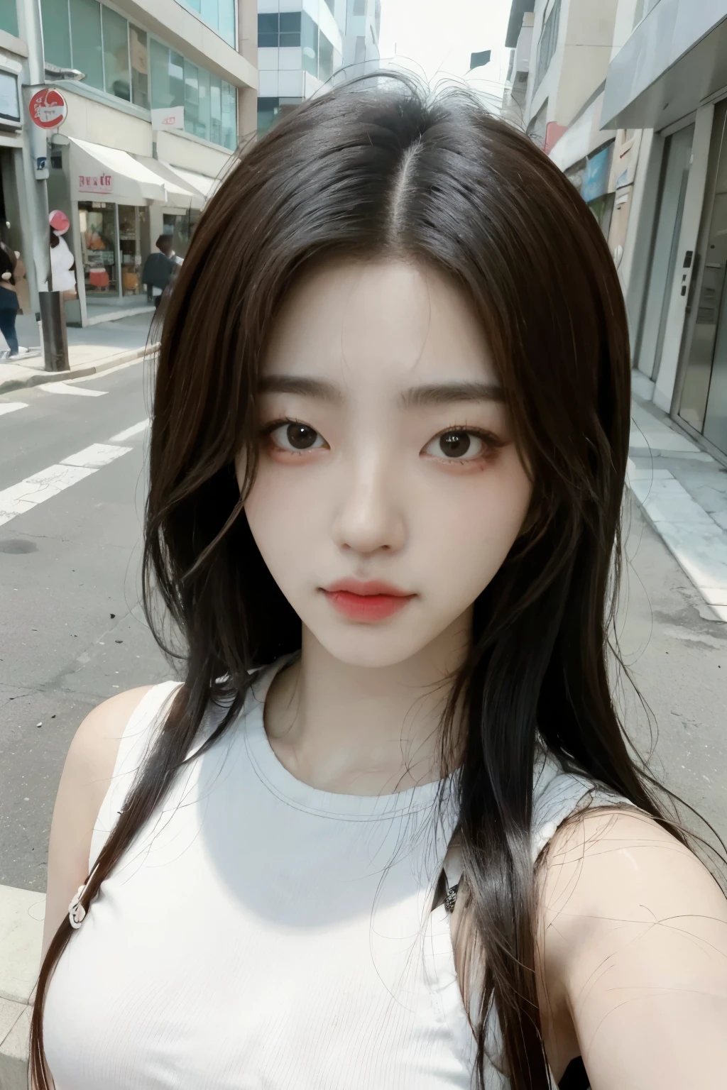 ((top-quality、8k、masterpies:1.3、in the street background、OL、k-pop outfit))、1girl in、Slim Beauty:1.3、Super Detail Face、Delicat eyes、double eyelid、facial expression of smile、full body Esbian、Brown hair、Suntan-Skin、20yr old、black hair、erotick、 Look、stare, Sohyun, Korean girl, sweet girl, elegant poses