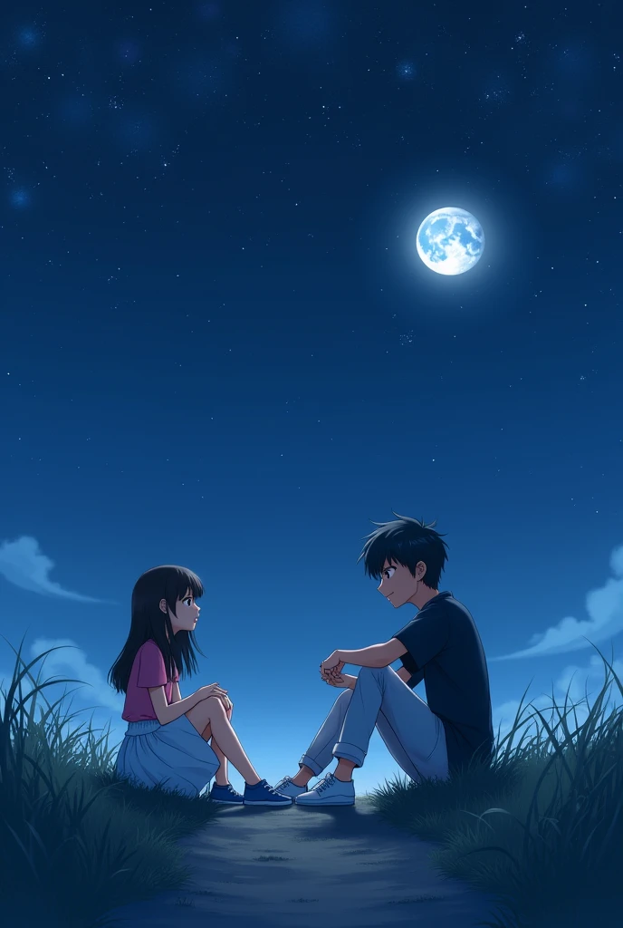 A girl and a boy sit together on a field path.It is night the moon shines and illuminates the path on which the two are sitting. She is thin and beautiful and has brown eyes and black hair.the boy is also beautiful and has dark hair and dark eyes.The boy shows her the stars and talks to her.she looks at him from the side and seems in love.She wears a white skirt,blue shoes and a pink top.He wears white shoes ,white pants and a black shirt.harmonie