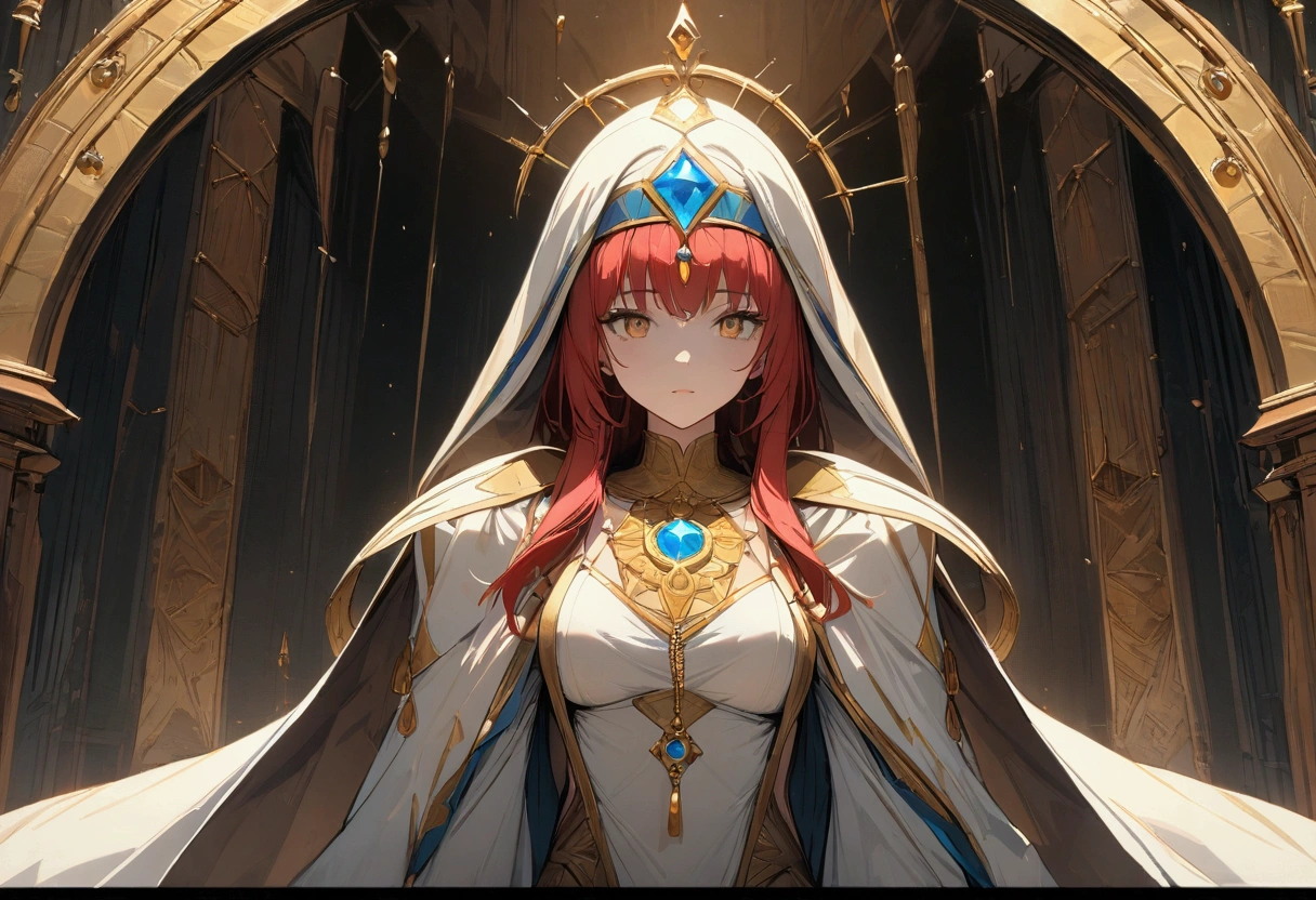 beautiful wizard,red hair, slim,,front view, 8k, best quality, high resolution. An ancient priestess, golden elements, Masterpiece, best quality, Full HD, 8k, ultra details, great graphic