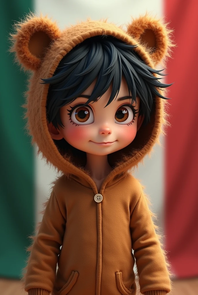 thin boy, high, black hair, white skin brown eyes dressed as a bear with a Mexican flag background