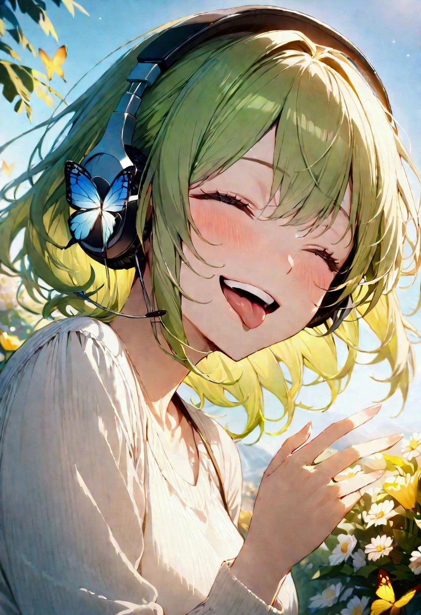 Yellow-green hair color,woman,Flower,butterfly, Cinema Lighting, (masterpiece:1.2), 最high quality, high quality, High resolution, (Super detailed), Detailed Background, One person,headphone,smile,Light background,blue sky,Have fun and laugh,Close your eyes,Sticking out tongue