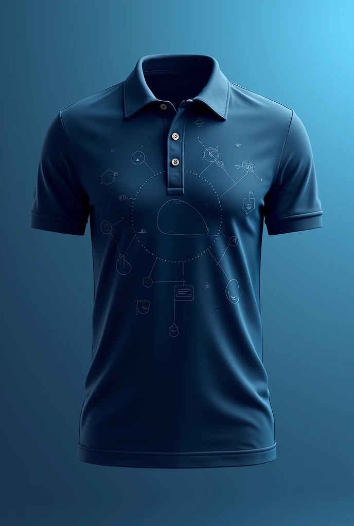Create a mockup organization color gradient dark blue polo shirt and design it with some elements relating to sciences.  The design should be just drawn in minimalist and ink color of design should be dark color of blue. And the both side of shirt should be blue gradient color. show the front and back of shirt 