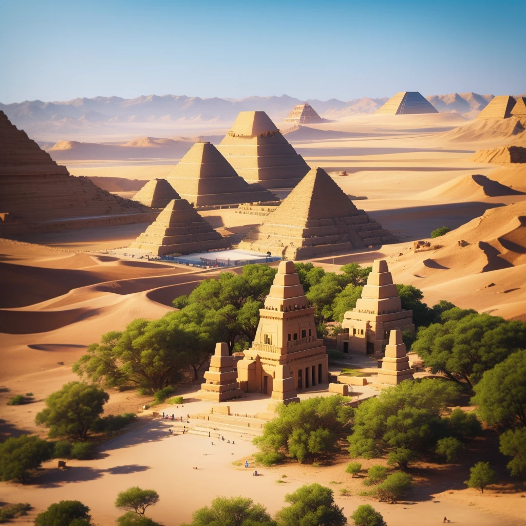 cute ancient Egyptian、A hill overlooking the colorful temples of ancient Egypt、A colorful view of the whole city