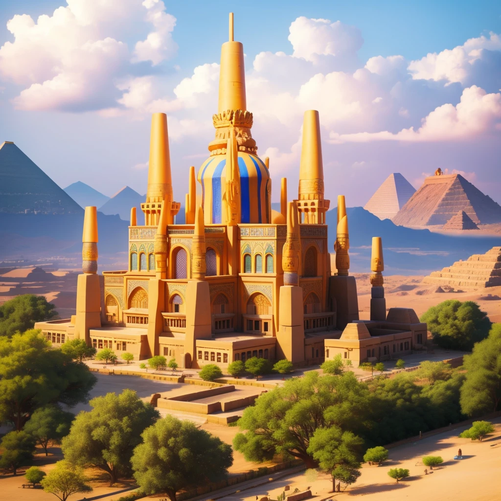 cute ancient Egyptian、A hill overlooking the colorful temples of ancient Egypt、A colorful view of the whole city