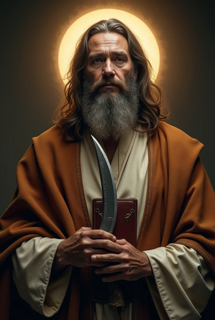 PICTURE REALISTIC, cinematic, high resolution of a holy man with a beard and brown and gray hair, wearing a tunic like Jesus'. Holds a medium knife with a curved blade in one hand, in another a holy book. The man has a halo