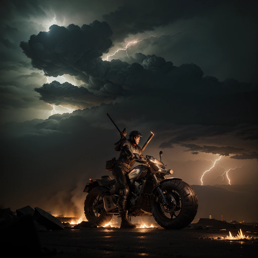 A tank rider on a nightmar holds a large sledgehammer decorated with glowing runes in the air, burning city in background during thunderstorm