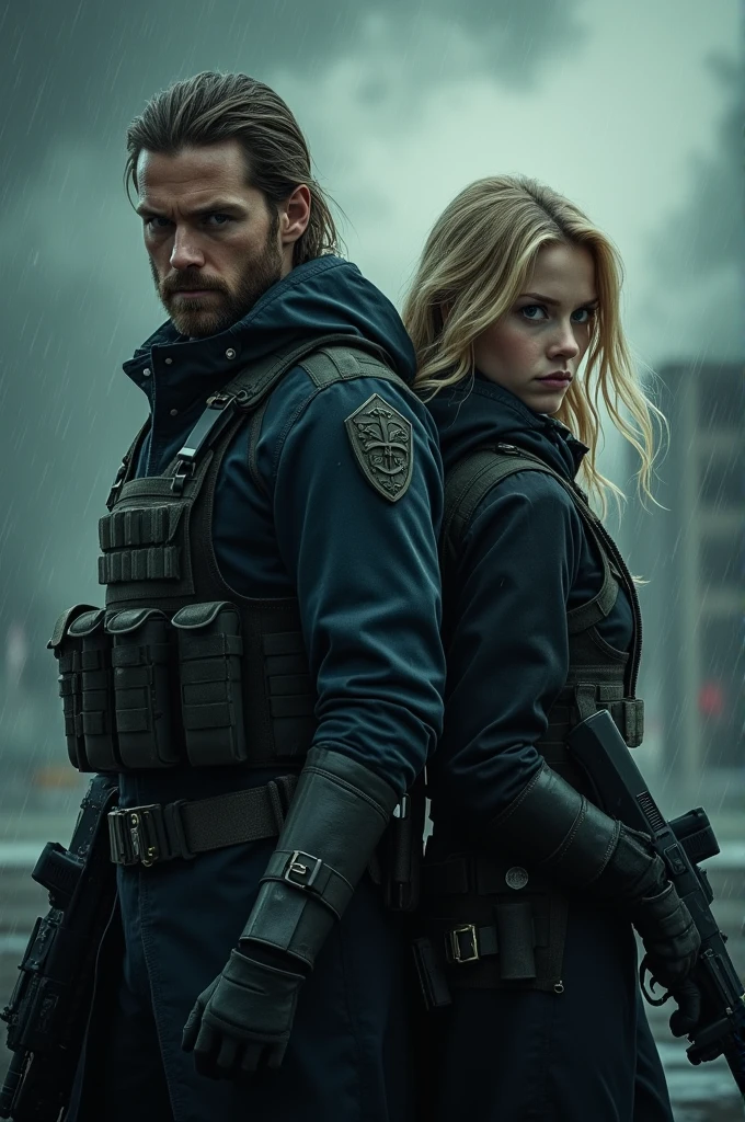 Colin O'Donoghue as Killian Jones and Jennifer Morrisson as Emma Swan as assassins. They look very serious. It's raining and is a storm coming up. Draw it, hyperrealistic with a slight touch of mystery. It's a dark atmosphere. 