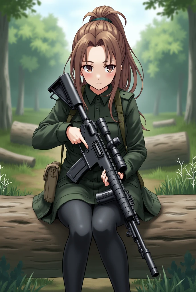 (ponytail forehead hair pulled back:1.3), anime style, girl in uniform holding a rifle sitting on a log, from girls frontline, fine details. girls frontline, anya from spy x family, girls frontline universe, girls frontline style, girls frontline, girls frontline cg,