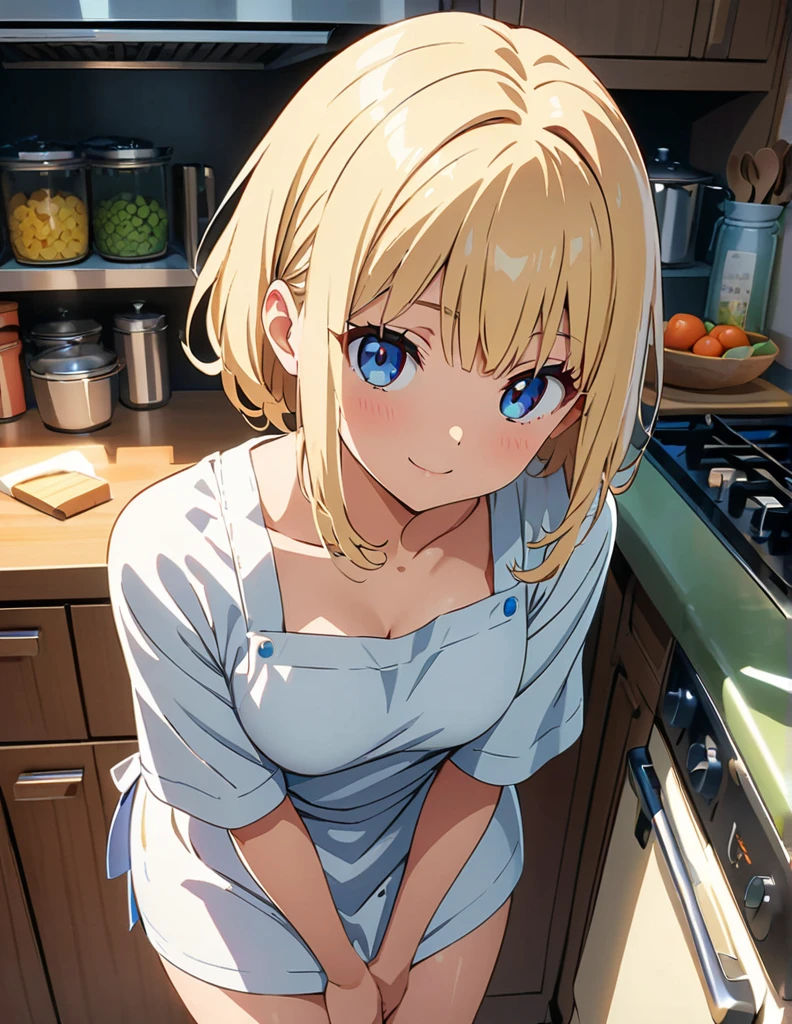 (anime artwork, anime style, studio anime, very detailed, up to date, vibrant, Anime Coloring, high contrast, masterpiece:1.2, best quality, best aesthetics),2 girl, Medium chest, A glimpse of thighs,random hair, One eye is hidden by the bangs, perfect proportions, high detail skin, Cute, detailed faces,kitchen, precise fingers,medium breasts,cooking,apron on naked body,looking back