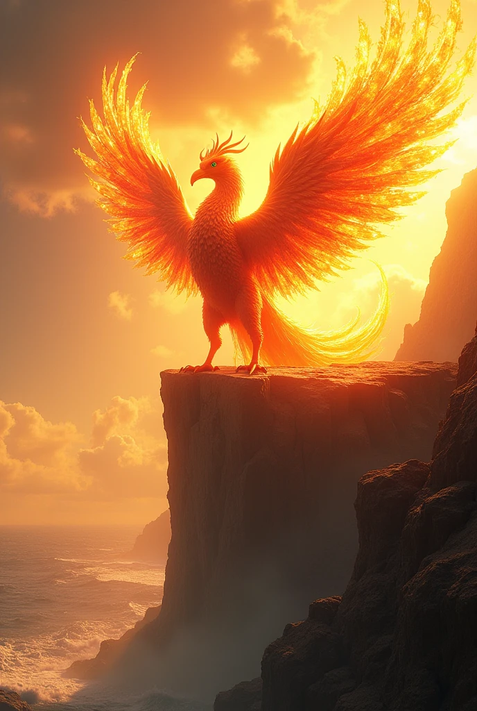 a super massive colossal phoenix standing at the top of a sea cliff, looking up to the phoenix, phoenix is illuminating brightly from his fiery body, camera view from below, over the shoulder camera, sunshine, very bright lighting