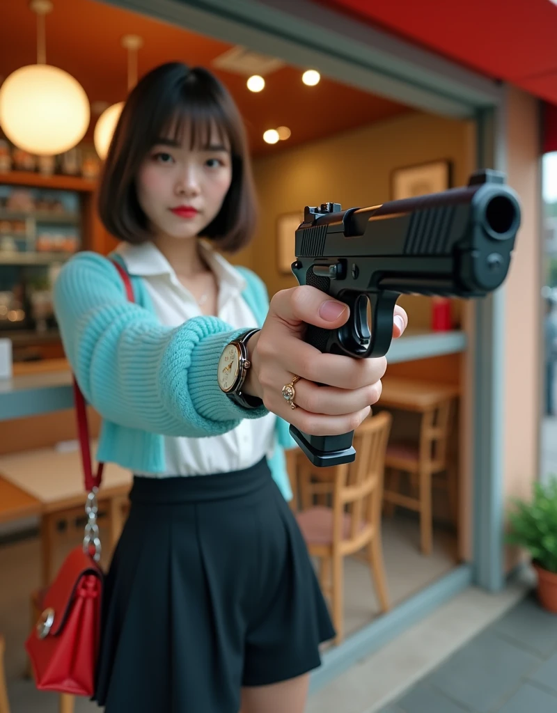 Zoom up Hand, Side view, ((Hold the a gun with both hands)), shooting target, standing pose , hold a Luger P-08, front sushi restaurant , noon , Japanese Girls ,(20-year-old),( Beautiful Eyes, Light brown straight short hair, fringe, Faint lips),(earring, neckless) (C cup breasts, wide hip) ( Black bra, and Black paneity stockings), (White Shirt, sky blue seater, Black miniskirts), black HI heal) , Louis Vuitton Red shoulder-bag, lady's watch of Seiko, (masterpiece, highest quality, High resolution, Photo realistic, sharp, RAW Photos, 8k wallpaper, perfection, Professional Lighting, Very detailed)