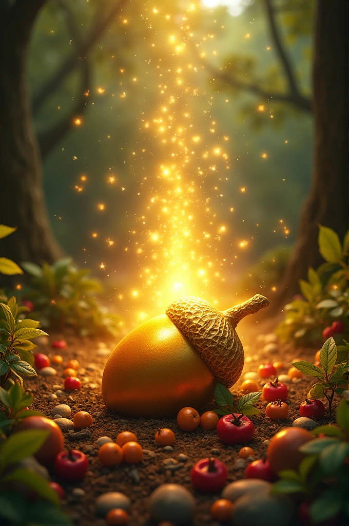 The golden acorn sparkling brightly, sending out a magical burst that fills the forest with an abundance of fruits, nuts, and berries on the trees and ground."