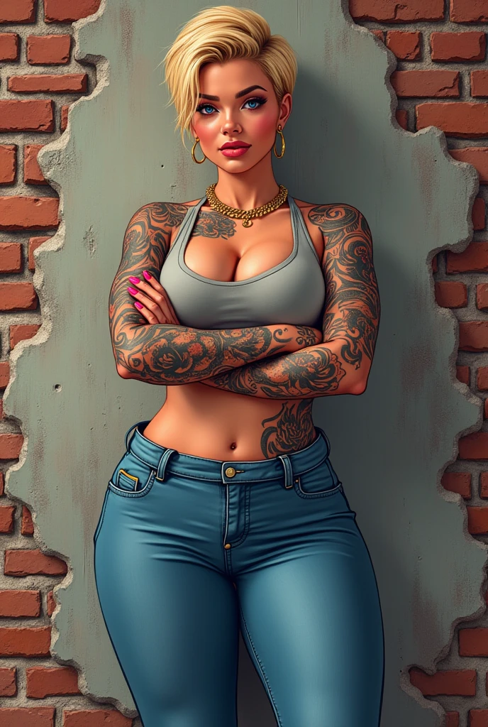 A tanned curvy heterosexual blonde girl with very short pixie hair and big breasts and full body tattoos. very feminine, small waist, wide hips with her arms crossed standing, Nails done, sports bra, waist high blue demin jeans ankle boots, cartoon style
brick Wall