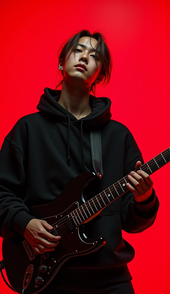 1 Japanese male teenager with long light brown hair tied back and wearing a black hoodie playing guitar,HD,4k, realistic,afternoon,Full Body Angle, Red background, face looking at the camera with a flat expression and a cold gaze and head pose slightly tilted upwards